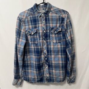 Distillery Men's Small Blue Plaid Long-Sleeve Button-Down Shirt with Snaps